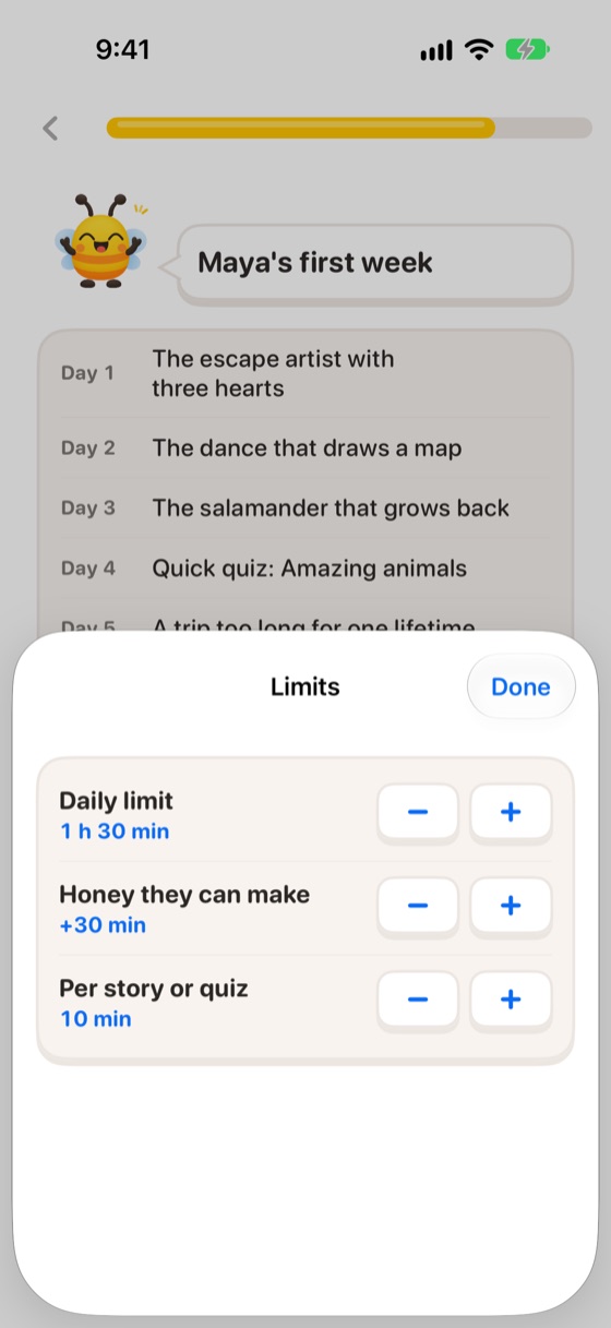 Setting the limits: a daily limit of 1 h 30 min, up to 30 more minutes of honey, 10 minutes per story